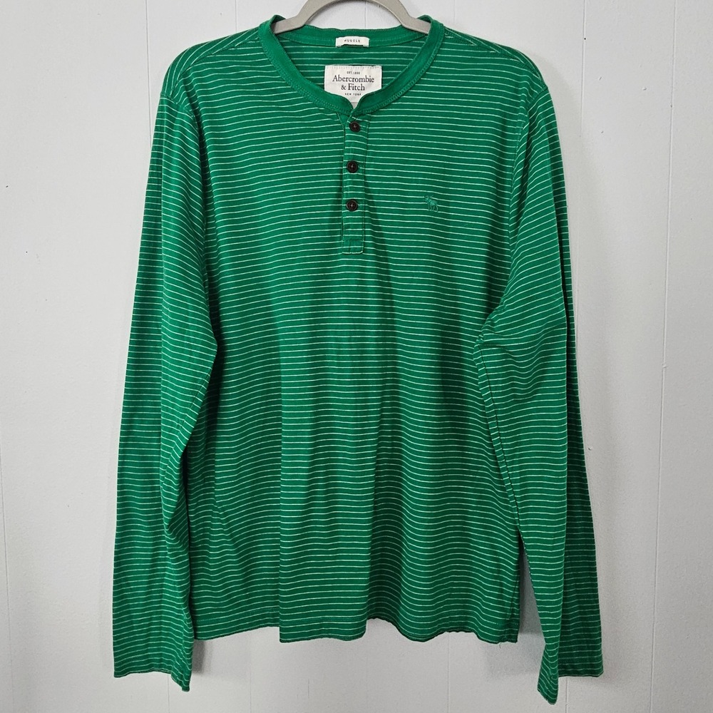 Abercrombie & Fitch Henley Shirt Men XL Green Striped Muscle Fit Long Sleeve y2k